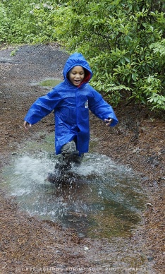 Arai having fun in a puddle in the rain.